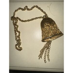 Vintage 70's 80s Gold Tone Christmas Bell Tassel Chain Double Loop Necklace